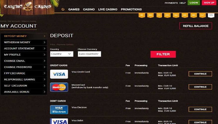 Zahlungsmöglichkeiten bei Caribic Casino