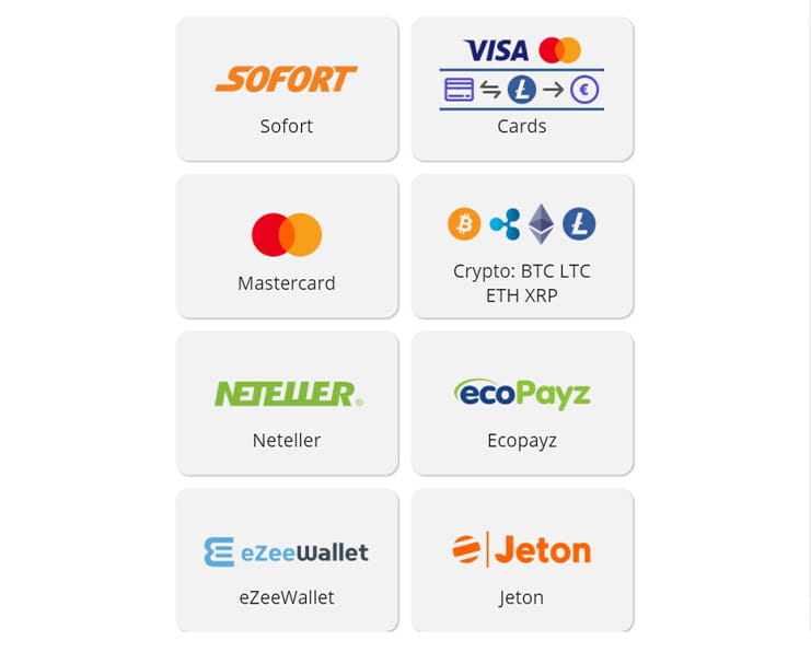 Der Kassenbereich im Casino Days mit den verfügbaren Zahlungsmethoden, darunter Visa, Bitcoin und Payz.