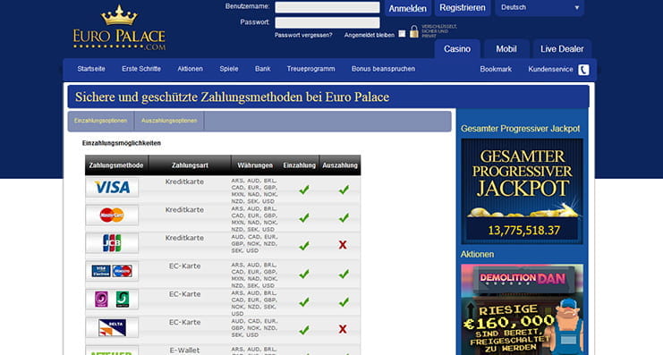 Große Auswahl an EuroPalace Zahlungsoptionen