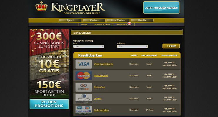Die Zahlungsmethoden im KINGPLAYER Casino im Überblick