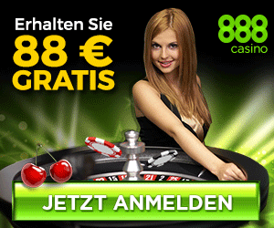 Eine Frau am Roulettetisch, ein 888Casino Logo und Details zum Bonus Angebot.