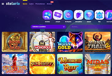 Die Spielauswahl im Stelario Casino mit beliebten Video Slots wie Book of Dead oder Reactoonz.