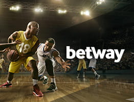 Das Logo von Betway und eine Basketball Szene.