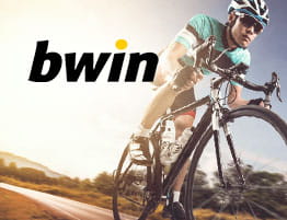 Das Logo von bwin und eine Radsport Szene
