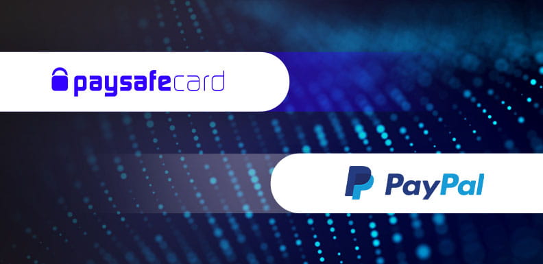 Das Paysafecard Logo und das PayPal Logo nebeneinander.