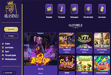 Die Webseite des 4Kasino mit den einzelnen Spielkategorien.