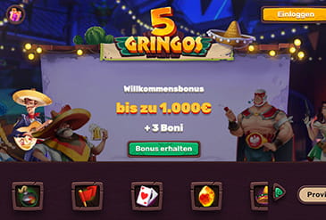 Die Startseite des 5Gringos präsentiert den Willkommensbonus sowie die wichtigsten Spielkategorien.