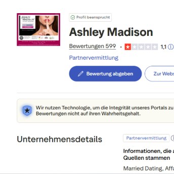Trustpilot Übersicht von AshleyMadison.