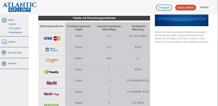 Zahlungsmöglichkeiten bei Atlantic Spins