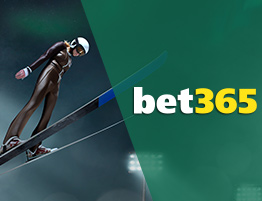 Das Logo von Bet365 und eine Skispringen-Szene.