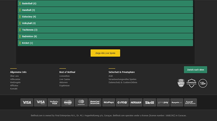 Zahlungsmethoden von Betfinal