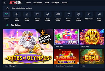 Die BetSofa Webseite mit den Spielkategorien und der Suchfunktion.