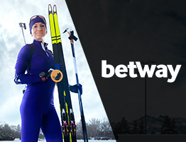 Das Logo von Betway und eine Biathlon Szene.