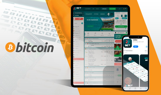 Das Sportwetten Angebot von 22bet auf verschiedenen mobilen Geräten und das Bitcoin Logo.