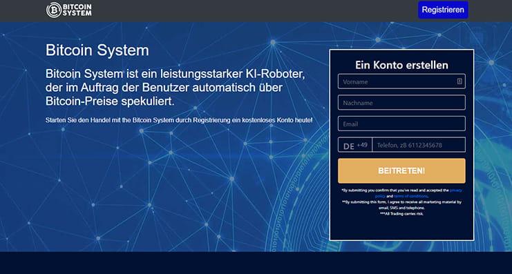 Die Startseite von Bitcoin System.