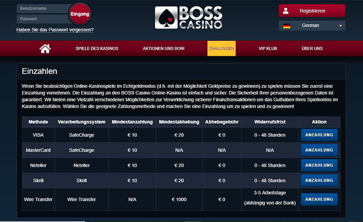 Zahlungsmöglichkeiten bei Boss Casino