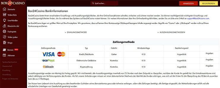 Zahlungsmöglichkeiten bei Box24 Casino