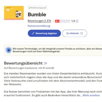 Trustpilot Übersicht von Bumble.