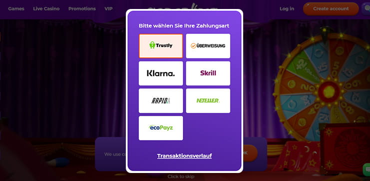 Übersicht über die Zahlungsmethoden im Cadabrus Casino.