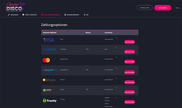 Zahlungsmöglichkeiten bei Casino Disco