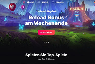 Die Casinomia Startseite mit einigen Spielen und dem Bonusangebot.