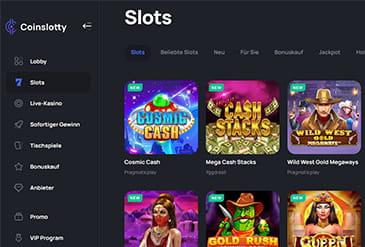 Eine kleine Auswahl an beliebten Spielautomaten im Coinslotty Casino.