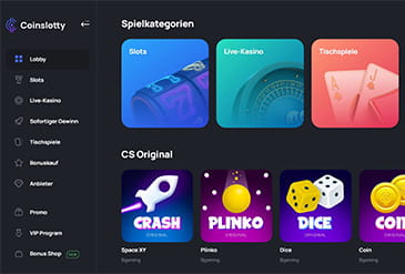 Die Startseite des Coinslotty Casinos mit einigen Spielkategorien.