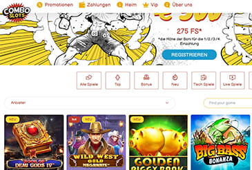 Die ComboSlots Webseite mit den Spielkategorien und der Suchfunktion.