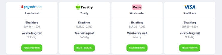 Die Zahlungsmethoden paysafecard, Trustly, Klarna und Visa im Cookie Casino.