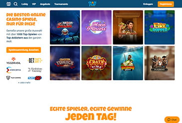 Die Startseite des Online Portals von CrazePlay.