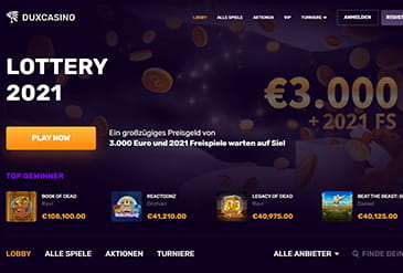 Die Homepage des Duxcasinos mit einer aktuellen Aktion und Namen von Gewinnern.