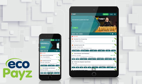 Das Sportwetten Angebot von 22bet auf verschiedenen mobilen Geräten und das Logo von ecoPayz.