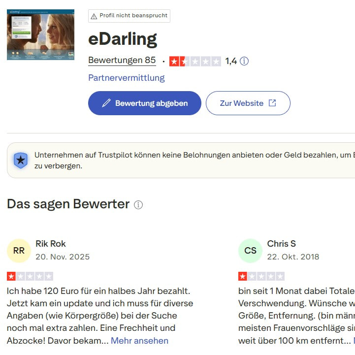 Trustpilot Übersicht von eDarling.