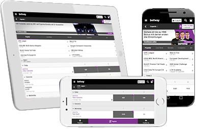 Das eSport Wetten Angebot von Betway auf verschiedenen mobilen Geräten.