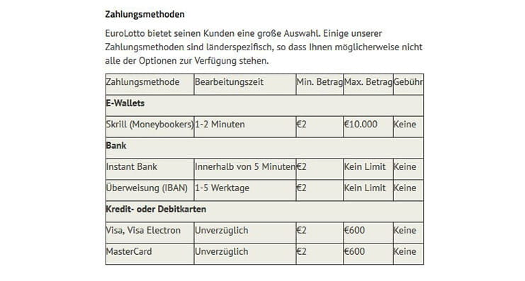 Die Zahlungsmethoden bei Eurolotto auf einen Blick