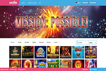 Die Webseite des Evolve Casinos.
