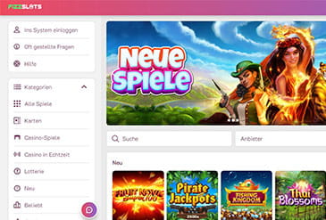 Die Webseite von Fizzslots mit Spielkategorien und einigen Spiel Logos.