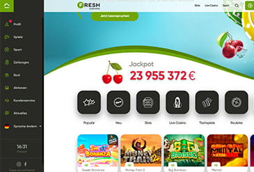 Die Fresh Casino Webseite mit den Spielkategorien und der Suchfunktion.