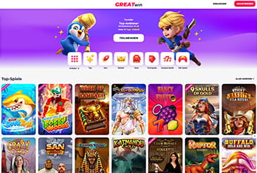 Die Startseite mit sämtlichen Bonusaktionen und Spielen des Greatwin Casinos.