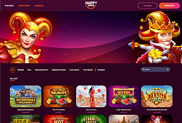 Die HappySpins Casino Startseite mit der Suchfunktion.
