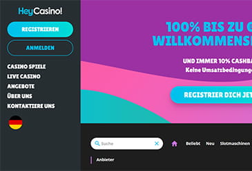 Die Startseite des HeyCasino! präsentiert sich übersichtlich und zeigt den Willkommensbonus.