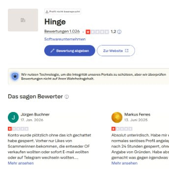 Trustpilot Übersicht von Hinge.