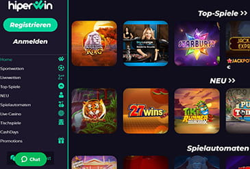 Die Hiperwin Casino Startseite mit einigen Spiel Logos.