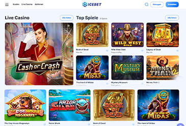Die Webseite des IceBet Casinos den Spielkategorien und der Suchfunktion.
