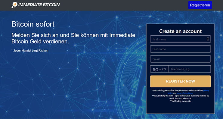 Die Webseite von Immediate Bitcoin.