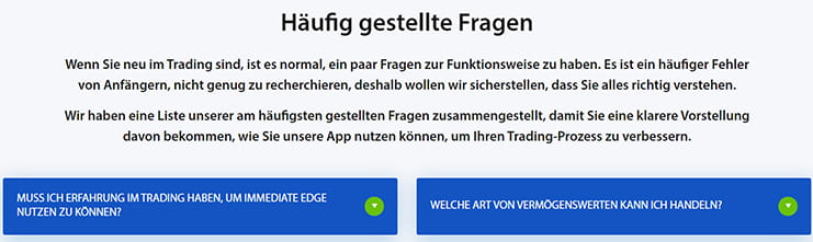 Der FAQ-Bereich von Immediate Edge.