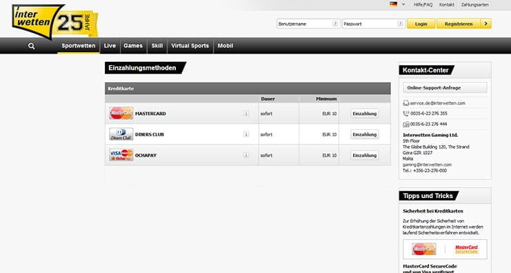 Die Einzahlungsmethoden bei Interwetten