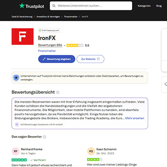 IronFX Trustpilot Bewertungen Screenshot.