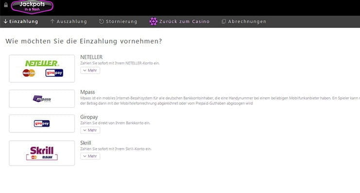 Einige Zahlungsmethoden von Jackpots in a Flash
