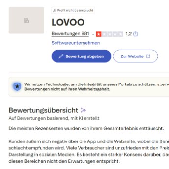 Trustpilot Übersicht von Lovoo.